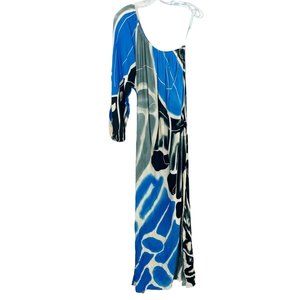 Indah NEW Fahna One Shoulder Maxi Dress Slit Hem Blue Print Rayon - Size Large